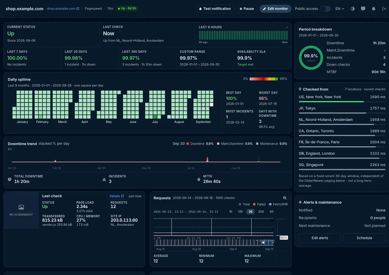 Статистика монітора швидкості сторінки HostTracker: завантаження сторінки в часі, запити та таймінг ресурсів