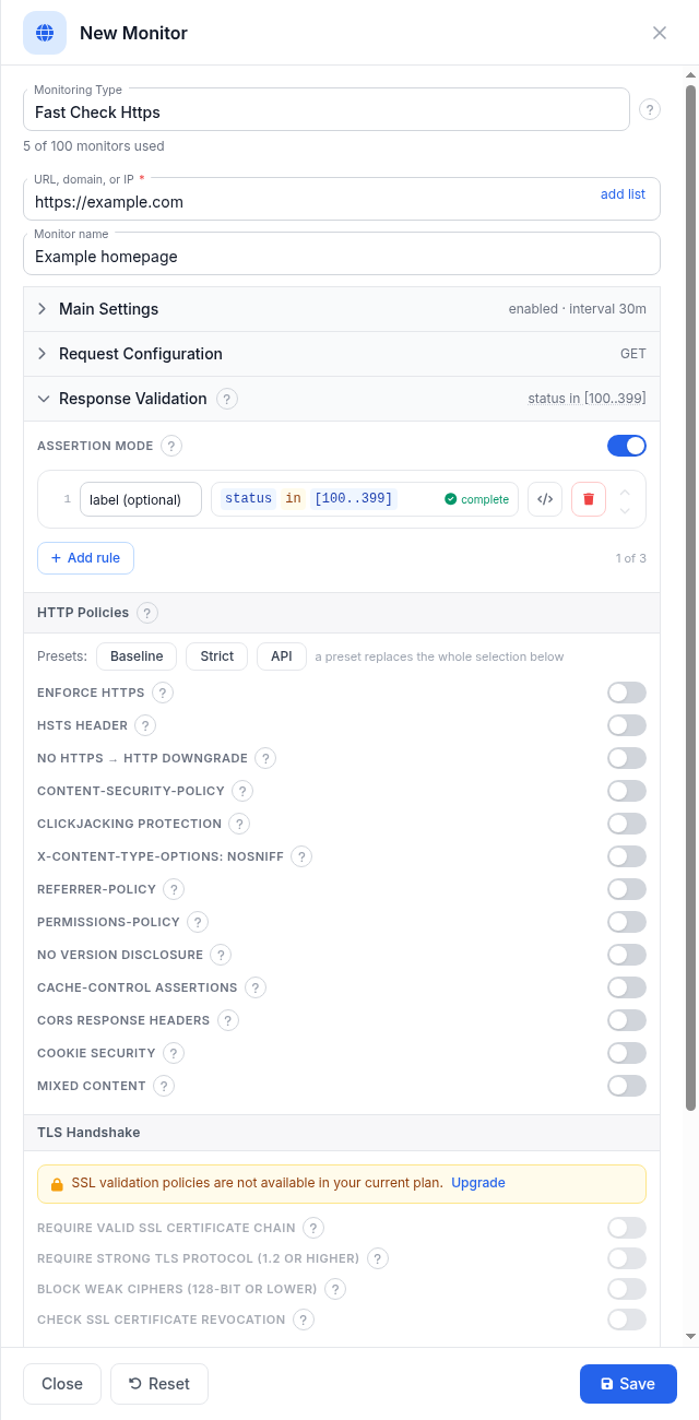 Assertion mode switched on, with the first rule built and validated