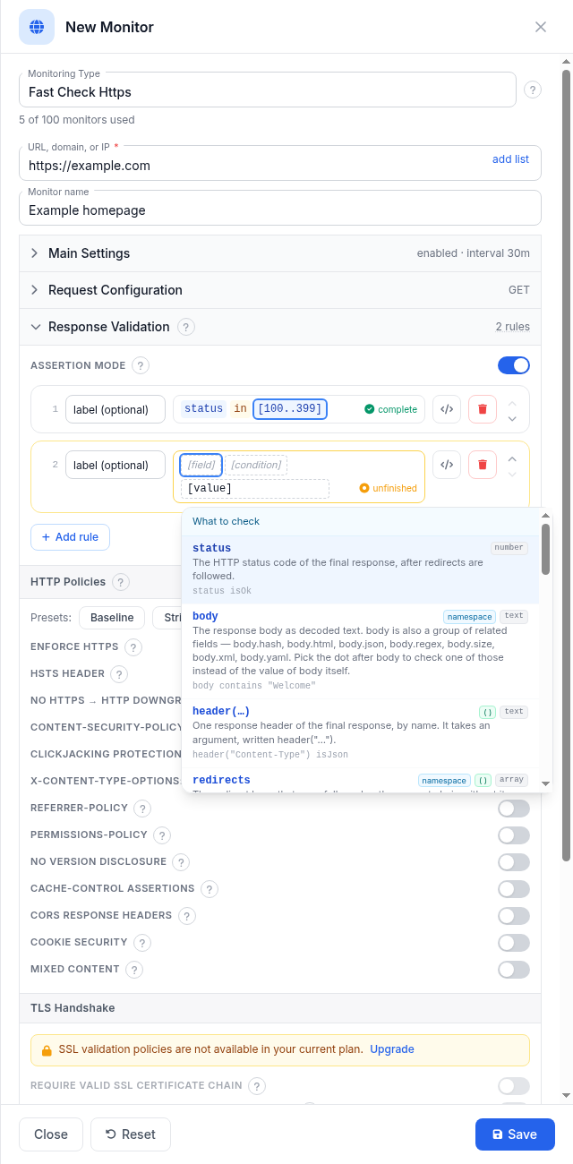 Building a second rule: the field picker lists every subject with its type and an example