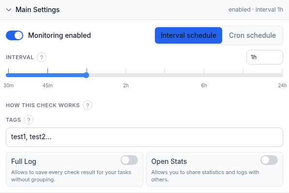 Main Settings panel for a Russian BL check showing the Monitoring enabled toggle, Interval schedule and Cron schedule buttons, an interval slider running from 30 minutes to 24 hours set to 1 hour, a How this check works info link, a Tags field, and Full Log / Open Stats switches