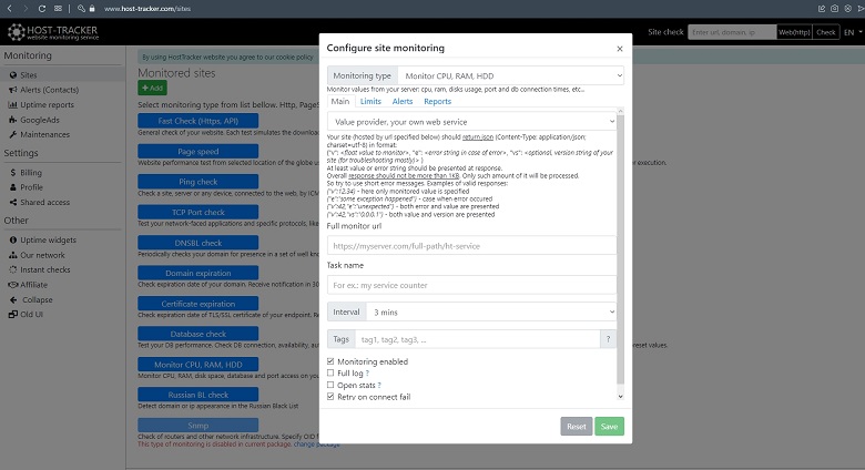Setting up server monitoring checks in a dashboard