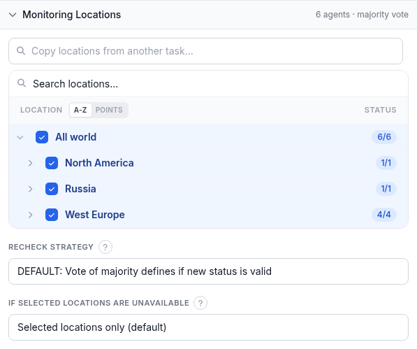 Monitoring Locations panel: a searchable location tree with All world, North America, Russia and West Europe selected and their agent counts, plus Recheck strategy and If selected locations are unavailable dropdowns below it