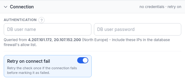 Database Connection section showing the DB user name and password fields, the note that checks are queried from two fixed HostTracker IP addresses in North Europe to add to the database firewall allow list, and the Retry on connect fail switch turned on