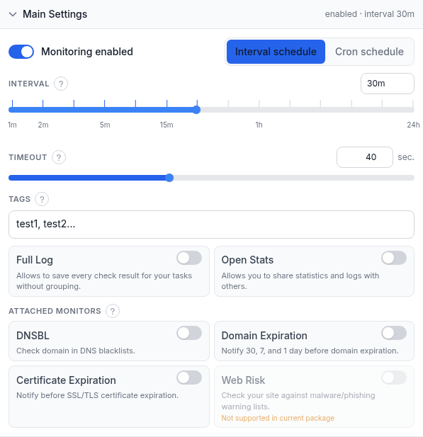 Main Settings panel for an HTTP check: monitoring enabled toggle, interval slider, timeout slider, tags field, Full Log and Open Stats switches, and the four attached-monitor cards for DNSBL, Domain Expiration, Certificate Expiration and Web Risk