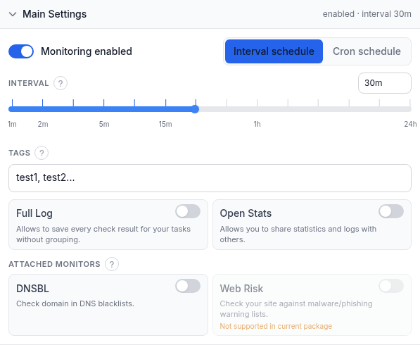 Ping monitor Main Settings panel showing the monitoring toggle, interval schedule, tags field, Full Log and Open Stats switches, and the DNSBL and Web Risk attached-monitor toggles