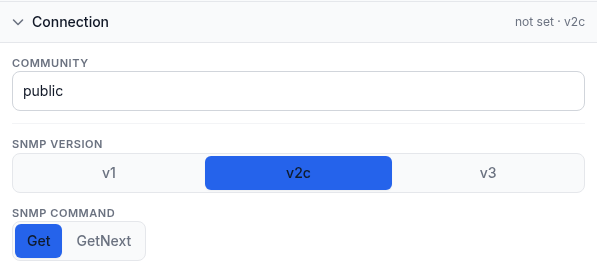 Connection section showing the Community field set to public, the SNMP version selector with v2c highlighted among v1, v2c and v3, and the SNMP command selector with Get highlighted next to GetNext
