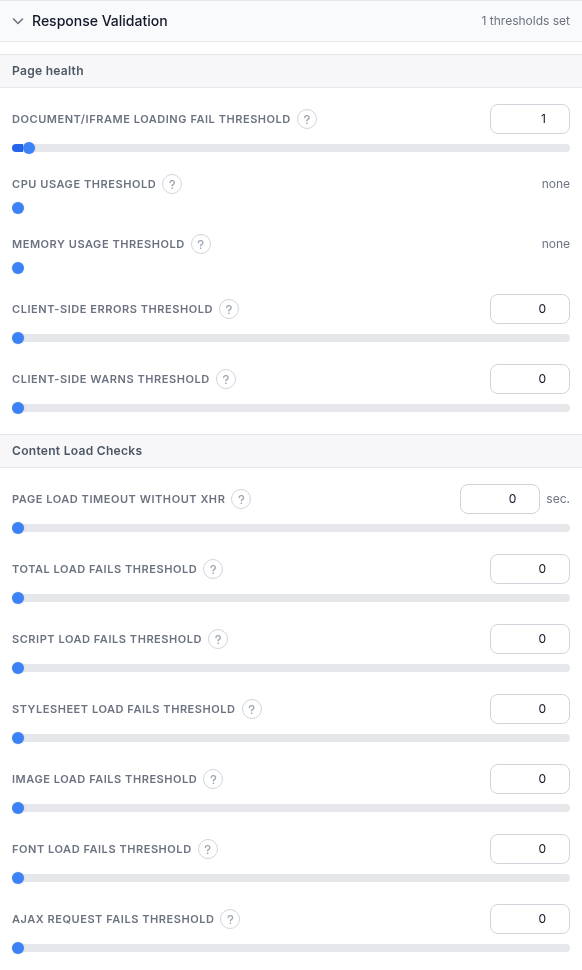 Response Validation section with Page health thresholds (document/iframe, CPU, memory, console errors, console warnings) and Content Load Checks thresholds (page load timeout without XHR, total, script, stylesheet, image, font, AJAX load fails)