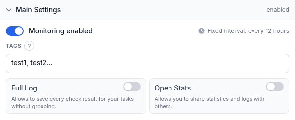 Main Settings panel for a Web Risk monitor showing the Monitoring enabled toggle, a Fixed interval: every 12 hours note, a Tags field, and Full Log / Open Stats switches